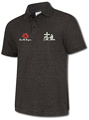 Remembrance Day Embroidered Lest We Forget Logo Polo Shirt Poppy Flower Armed Forces Day Top (Charcoal Grey, L, l)