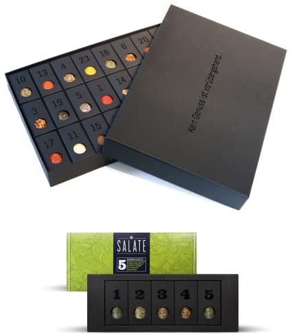 MEIN GENUSS Weihnachts-Bundle: Gewürz-Adventskalender 2024 + Gewürzset Salate I Vorteilspreis I Adventskalender mit 24 edlen Gewürzen I Gewürzset mit 5 Salat-Gewürzen & Kräutern + 5 passende Rezepte