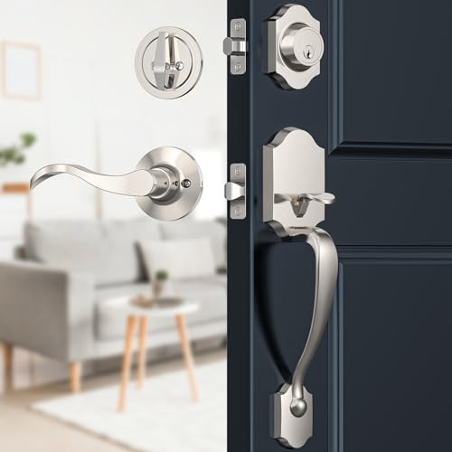 Brightify Haustürschloss Set aus satiniertem Nickel, Eingangstürgriff-Set mit Riegel, Außentürgriff mit Schließhebel und Einzylinder, wendbar für rechts & links