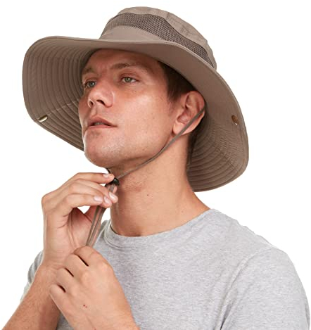 Sonnenhut für Herren/Damen, UV-Schutz, breite Krempe, Boonie-Hut zum Wandern, Angeln, Safari, Khaki, L-XL