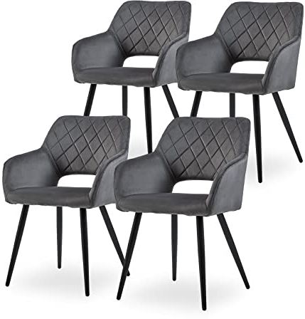 CLIPOP Esszimmerstühle, 4er Set, Polsterstühle mit Armlehnen, Metallbeine, Samtbezug, Samt Dunkelgrau, bis 150 kg belastbar, für Arbeitszimmer, Wohnzimmer, Schlafzimmer (4er, Samt Dunkelgrau)