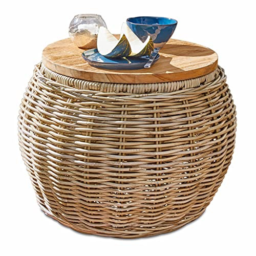 Loberon Beistelltisch Sartrouville, braun | Sommer, Outdoor, Gartenausstattung, Korpus aus geflochtenem Rattan, Ablageplatte aus massivem Teakholz