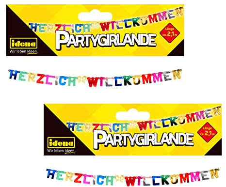 Idena 90117 - Herzlich Willkommen Girlande, 2 Stück, Geburtstagsdeko, Kindergeburtstag