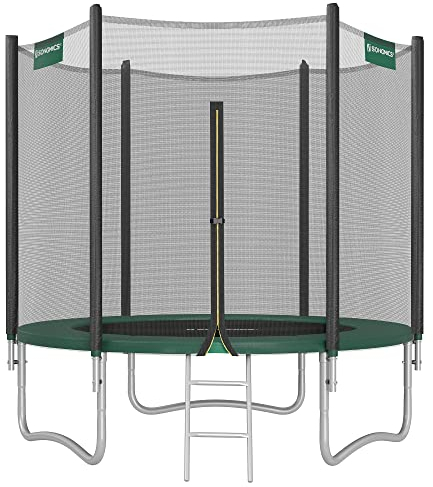 SONGMICS Trampoline 8 ft, 244 cm Dia. Kids Trampoline with Enclosure Net, Safety Pad, Ladder, 180 cm High Straight Pole, Steel Frame, Dark Green STR081C01