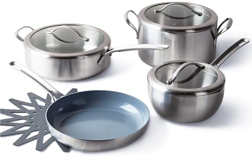 GreenPan X Food 52 Five-Two Essentials, Tri-Ply Stainless Steel 7 Piece Cookware Pots and Pans Set, Healthy Ceramic Nonstick Coating, PFAS-Free, Multi Clad, Induction, Dishwasher Safe