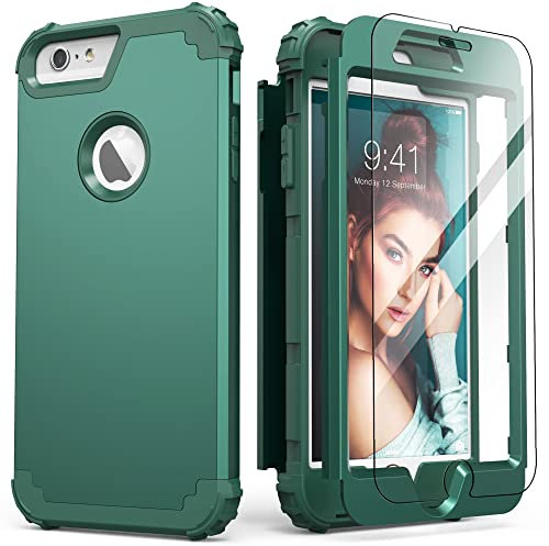IDweel iPhone 6S Plus Case with Screen Protector(Tempered Glass),iPhone 6 Plus Case,3 in 1 Shockproof Slim Hybrid Heavy Duty Hard PC Cover Soft Silicone Bumper Full Body Case,Graphite Green/Dark Green