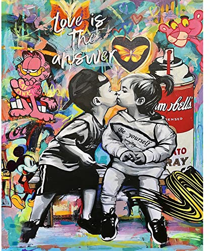 Painting by Numbers for Adults on Canvas Banksy Street Art Wall Decor Love is The Answer Graffiti Paintings Little Boy and Girl Kiss Pictures Modern Artwork Home Decor for Living Room(Frameless)