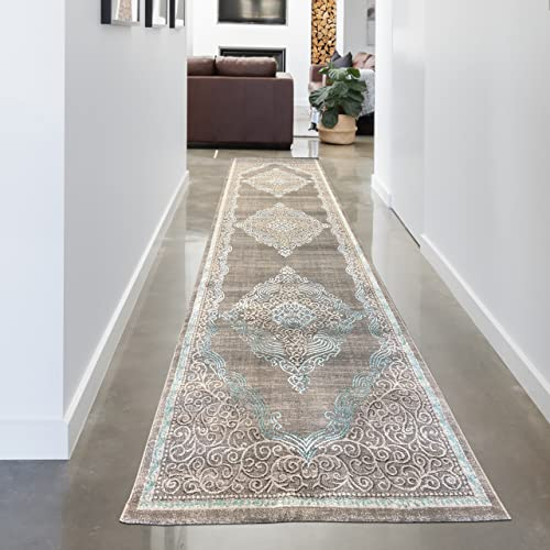 CARPETIA Prachtvoll verzierter Orient Teppich Läufer • Eingang Flur • in türkis-Silber glänzend, 80 x 300 cm