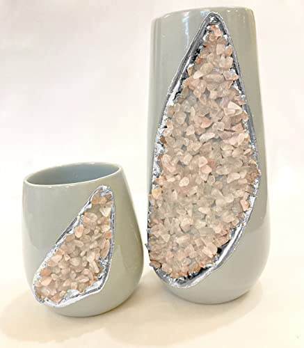 Grey and Gold Ceramic Vase/Planter/Pot/Wine Goblet/Mug with Rose Quartz Semi - Precious Agate Crystal Gemstones |Both (Small & Large), (Silver - Finish)