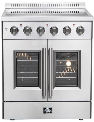 Forno Galiano Full Electric 30 Inch. French Door Freestanding Range with 4 Radiant Elements Ceramic Glass Cooktop - 4.32 Cu.Ft. Stainless Steel Convection Oven with Air Fryer Kit