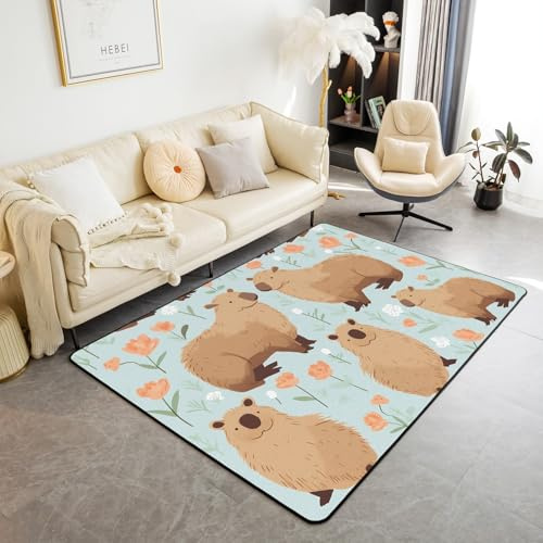 Capybaras Area Rug for Capybara Lovers, Kawaii Capybara Rug 3x5, Cute Capybara Rodent Animals Carpet Runner Non Slip, Botanical Flowers Accent Rug, Cartoon Style Indoor Floor Mat Bedroom Decor