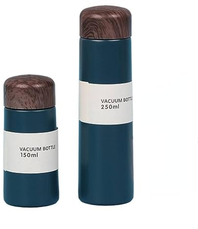 Botellas aisladas de 250 ml, mini termo de acero inoxidable de grano de madera, botellas de vacío portátiles de bolsillo, mini taza de café con fugas de té para el hogar, viajes al aire libre (azul)