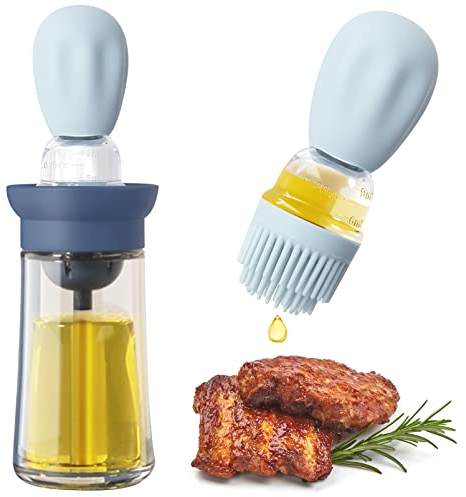 180ml Botella de Aceite con Cepillo de Silicona, 2 en 1 Dispensador de Aceite de Oliva con Brocha Botella de Aceite de Cristal Brocha de Pastelería de Silicona para Barbacoa, Cocina, Ensalada