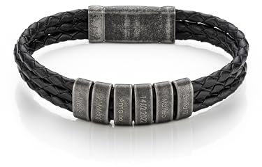 MYCLUSIV® Personalisiertes Lederarmband für Herren mit Namen auf Oxid-Beads - Armband mit Gravur - Geschenk für Männer - Männerarmband - Geschenk für Papa