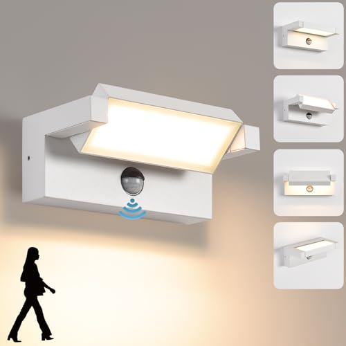 KUKAK Applique Murale Extérieur/intérieur avec Détecteur de Mouvement,22W Moderne Éclairage Lampe avec LED Panneau Rotatif Imperméable IP65 3000K blanc chaud,Luminaire Murale pour Entrée Jardin,Blanc