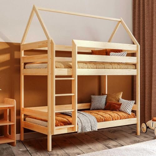 YOUKO Etagenbett Kinderbett 180x80 cm “Bruno” - Hausbett für 2 Kinder mit Leiter- Hochbett Kinder - Holzbett Kiefer Ohne Matratze