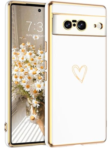 CaseLover Handyhülle kompatibel mit Google Pixel 8 Hülle, Weiß | Gold Herz Muster, Galvanisierte Weich Silikon TPU Bumper Case, Ultra Dünn Kameraschutz Stoßfeste Schutzhülle, für Mädchen