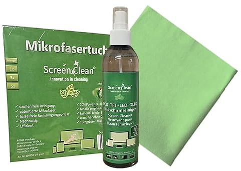 ROGGE ScreenClean DUOSet 250ml inkl. Vileda Professional Microfasertuch. 100% R-PET Sprayflasche. Sehr sparsamer und hochwirksamer Bildschirmreiniger für LCD-TFT-OLED-LED und TV Displays.