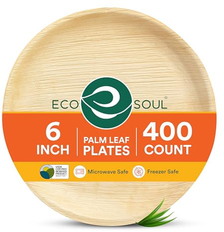 ECO SOUL Compostable 6 Inch Palm Leaf Round Plates (400 Count) Like Bamboo Plates | Biodegradable | Eco-Friendly, Microwave & Oven Safe