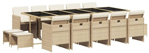 vidaXL Garten Essgruppe 15-TLG., Gartenmöbel Set mit Kissen, Gartengarnitur Tisch 10 Stühle 4 Hocker, Sitzgruppe Sitzgarnitur, Beige Poly Rattan
