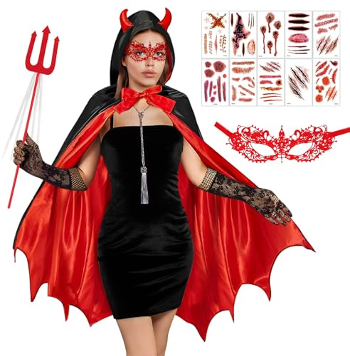 BGTLJKD Disfraz Diablo Mujer, Capa Vampiro Halloween, Reversible Negro Rojo Capa con Capucha con Tenedor del Diablo, Parche de Encaje en el Ojo, Para Fiestas de Halloween y Carnaval Cosplay