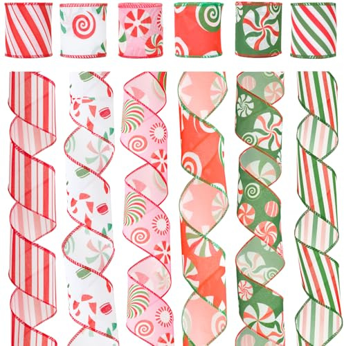 KINGLAKE 30 Yards Christmas Wired Ribbon for Wreath Bows Making, 2.5 Inch Red Green Candy Cane & Striped Ribbon for Gift Wrapping & Xmas Tree Decorations