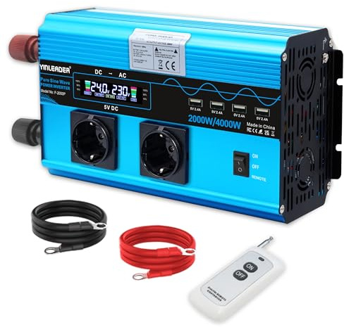 Yinleader Wechselrichter 2000W /4000W Spannungswandler Reine Sinuswelle 24V 230V mit 2 Eurosteckdosen und 4 USB
