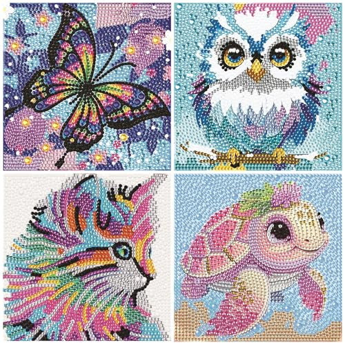 RLXMARTD 4 Stück Cartoon Diamond Painting Kinder Diamant-Malerei-Kits mit Motiven von Eule, Schmetterling und Schildkröte(Schmetterling+Katze+Meeresschildkröte+Eule)
