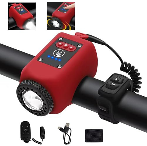 TINGSING Campanello elettronico per bicicletta con luce mini campanello per bicicletta, 6 suoni, ricaricabile, USB-C E-Bell, volume regolabile, 4 modalità di illuminazione, impermeabile (rosso)