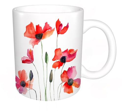 KDWJS Mug porcelaine fine Mug Tasses de 11 oz 330ml pour collègue,amis,frères et soeurs imprimer Tasse de café exquis CadeauAquarelle Fleur, Coquelicots Fleurs sauvages Nature Prairie Peinture à l'aq