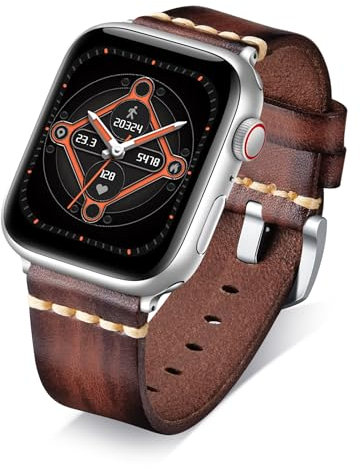 BINLUN Leather Strap Compatible with Apple Watch 38mm 40mm 41mm 42mm 44mm 45mm 46mm 49mm Handmade Retro Band Compatible with iWatch Series 10 9 8 7 6 5 4 3 2 1 SE SE2 Ultra Ultra2, 22mm, Light Brown