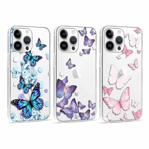 RUMDEY 3 Pack Clear Butterfly Print Phone Case for iPhone 14 Pro Max 6.7, Cute Girly Pattern Design Anti-Scratch Soft Slim TPU Silicon Protective Bumper Funda Cover for Women Girls - 01