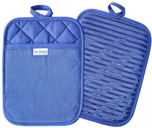 100% Cotton with Silicone Kitchen Everyday Basic Pot Holder Heat Resistant Coaster Potholder Oven Mitts with Pocket for Cooking and Baking Dark Blue