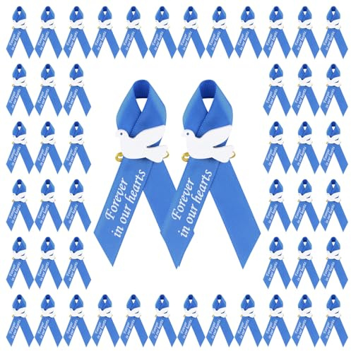 WANDIC 100 Stück Blaue Satinbandnadeln mit Taube, Gedenkband-Broschen in Forever in Our Hearts Pins für Beerdigung, Trauer, Veranstaltung, Trauer, Trauer, Gedenkfeier, Polyester