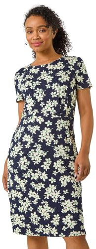 Roman Originals Shift Dress with Pockets for Women UK - Ladies Summer Autumn Winter Smart Casual Work Short 3/4 Sleeve Tunic Knee Length Pleated Gathered Waist Tea Loose - Petite Navy White - Size 10