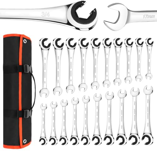 LOSCHEN Metric and SAE 20PCS Ratcheting Combination Wrench Set, Spanner Set with Open End, CR-V Steel Ratcheting Tubing Wrench Set with 72-Tooth Gear