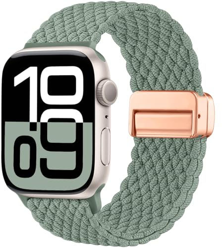 Maledan Geflochten Band für Apple Watch Armband 45mm 46mm 44mm 42mm(S3/2/1) | Solo Loop Nylon Magnetisch Armband für iWatch Series 12 11 10 9 8 7 6 5 4 3 2 1 SE Ultra, KieferGrün
