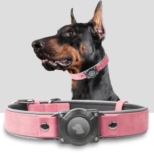 AirTag – Collier pour chien en cuir avec support Air Tag | Étanchéité IPX8, réfléchissant, haut de gamme, rembourré doux réglable | Collier de suivi GPS pour chiens de taille moyenne et grande (rose