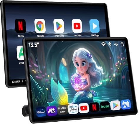 Android 13 Touch Screen Headrest Monitor 13.5 inch Car Back Seat Phone Holder Mirror HDMI Sync Screen WiFi SD Card
