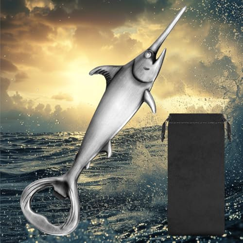 LKKCHER Swordfish Beer Bottle Opener, Fishing Gifts for Fisherman, Swordfish Decoration, Birthday Fathers Day Christmas Gifts for Men Women Dad Fisherman, Silver Beer Accessories with Bag