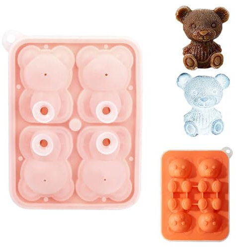 Silikon Eiswürfelform Bär, 4 Niedliche 3D Bär Eiswürfelformen, Wiederverwendbar Eiswürfelbehälter mit Deckel, BPA-Frei, für Eis, Whiskey, Cocktail, Saft - Orange