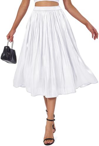 Eisnnu Damen Rock Sommer Midi Lang Glänzender Rock Elastische Taille A-Linie Elegant Hohe Taille Midi-Faltenrock