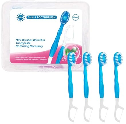 5-in-1-Zahnbürsten-Set, Einweg-Mini-Zahnbürste mit Zahnpasta-Zahnseide-Picker, Zungenschaber, tragbare Mundpflege für Reisen, Arbeit, gemischte Geschmacksrichtungen, 10 Stück (E)