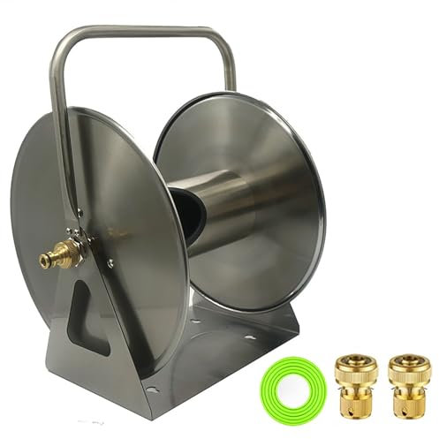 Edelstahl Schlauchtrommel Tragbare Gartenwand/Bodenmontage Metall Wasserschlauchtrommel Inklusive 2M Schlauch für Hof, Garten, Bauernhof und Terrasse