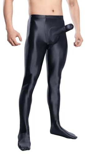 Generisch Herren Leggings Ölig Glanz Strumpfhosen Elastisch Tights Hose mit Beutel Penishülle Hoher Taille Sporthose Glossy Nylon Jumpsuit Übergröße Kompressions Pantyhose