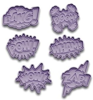 6-teilige Superhelden Lautschrift Keksausstecher – zweiteilig mit Stempel – Ausstechformen Set mit Bang, Boom, Pow, Wham, Wow, Zap – Geschenk für Comic Fans, Superhelden Party