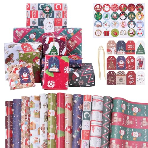 12 Stück Geschenkpapier Weihnachten, 70cm X 50cm Recycelbares Weihnachtsgeschenkpapier, Christmas Wrapping Paper, Kraftpapier mit Festlichem Elchmuster,füR Weihnachten, Geburtstag, Geschenkverpackung