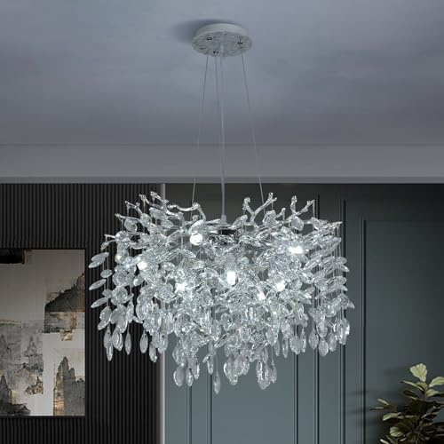 Moderne Kristall-Kronleuchter FüR Esszimmer,Luxury Chrom Pendelleuchte Aus K9 Kristall Aluminium Baumzweigen,Rund 10-Light HäNgelampe Leuchte FüR Wohnzimmer,Schlafzimmer,Hohe Decke 60Cm