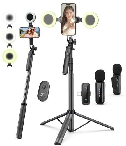 Vlogging Kit for iPhone/Android, 71 Selfie Stick Tripod for iPhone with Fill Light, Wireless Microphone & Remote, 360° Rotation Phone Tripod for TikTok/YouTube Content Creator Essentials Starter Kit‌