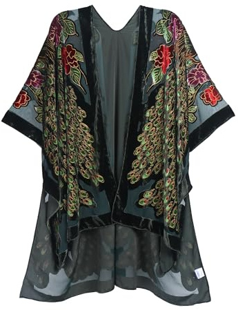 MJ SERECA Women's Burnout Velvet Kimono Long Cardigan Cover Up Casual Outfit Dark Green-Peacock